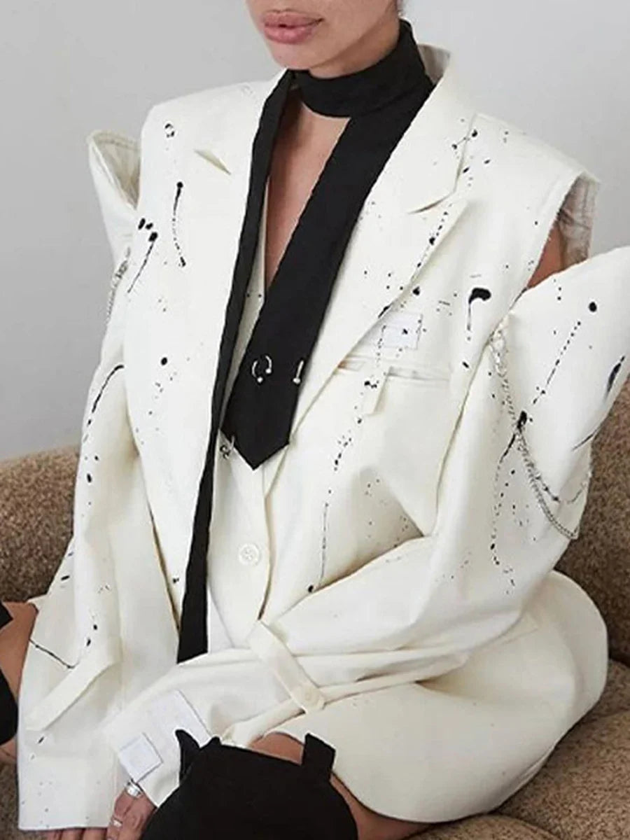 Ink Splashing Print Fashion Blazer for Women Notched Collar Long Sleeve Hollow Out Design Loose Coat Female Autumn