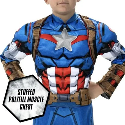 Kid Boys Captain America Muscle Costume Superhero Cosplay Jumpsuit  Halloween Carnival Party Birthday Dress Up Role Play Costume