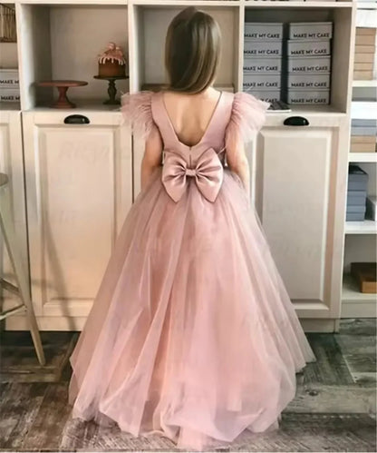 Customized Flower Girl Dress for Wedding Glitter High Waist Short Sleeve Floor Length Elegant Kids Birthday First Communion Gown