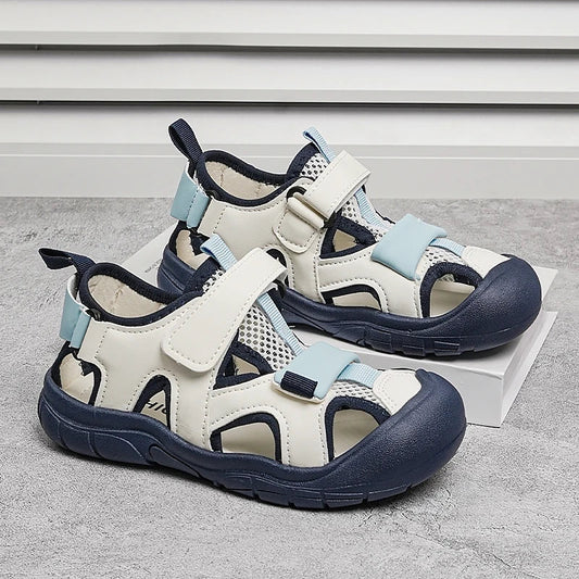 Kids'Casual Shoes Sandals PU Leather Summer Shoes For Boys Hook and Loop Color-Blocking Anti-slip Blue Black Shoes Size 26-37