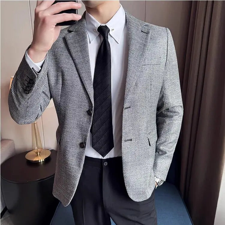 Bright Silk Thousand Bird Grid Suit Jacket Korean-style Business Fashion Slim Fit Single Breasted Men Social Party Dress Coats