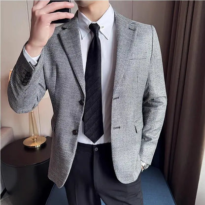 Bright Silk Thousand Bird Grid Suit Jacket Korean-style Business Fashion Slim Fit Single Breasted Men Social Party Dress Coats