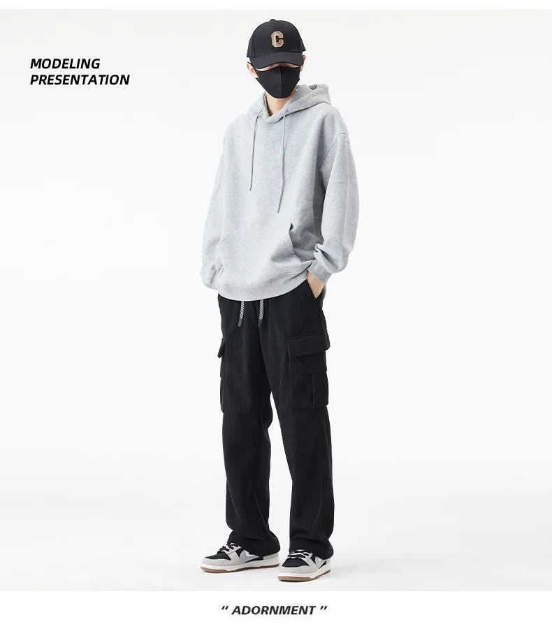 2026 New in Winter Corduroy Pants Men Straight Wide Leg Cargo Trouser Male Elastic Waist Loose Fit Thick Brown Warm Fleece Plush
