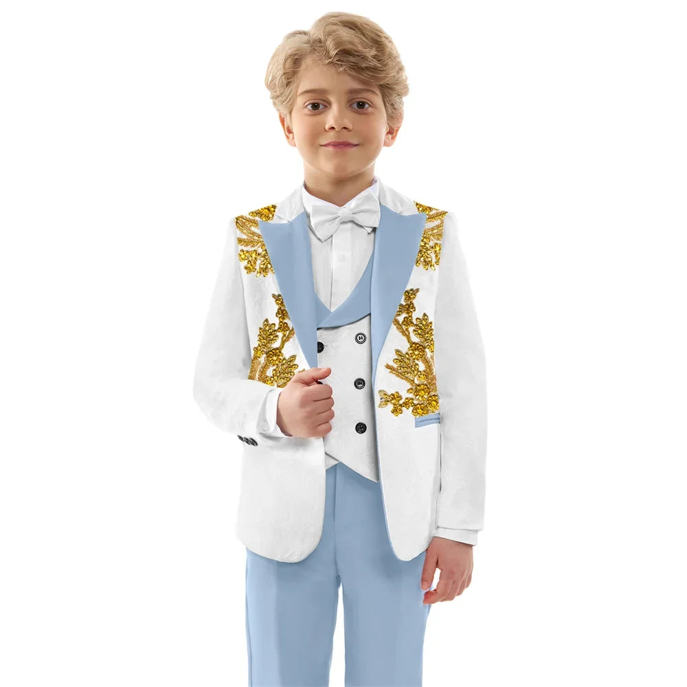 Hot Sale Boys Jacquard Suits 4 Pieces Wedding Ring Bearer Outfit Exquisite Slim Fit Suit Set For Kids School Performance Wear