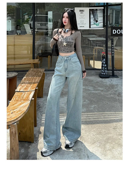 High Waisted Wide Leg Jeans Women Cotton Retro Denim Y2k Loose Fashion Design Sense Pant Streetwear Baggy Straight Trouser Woman