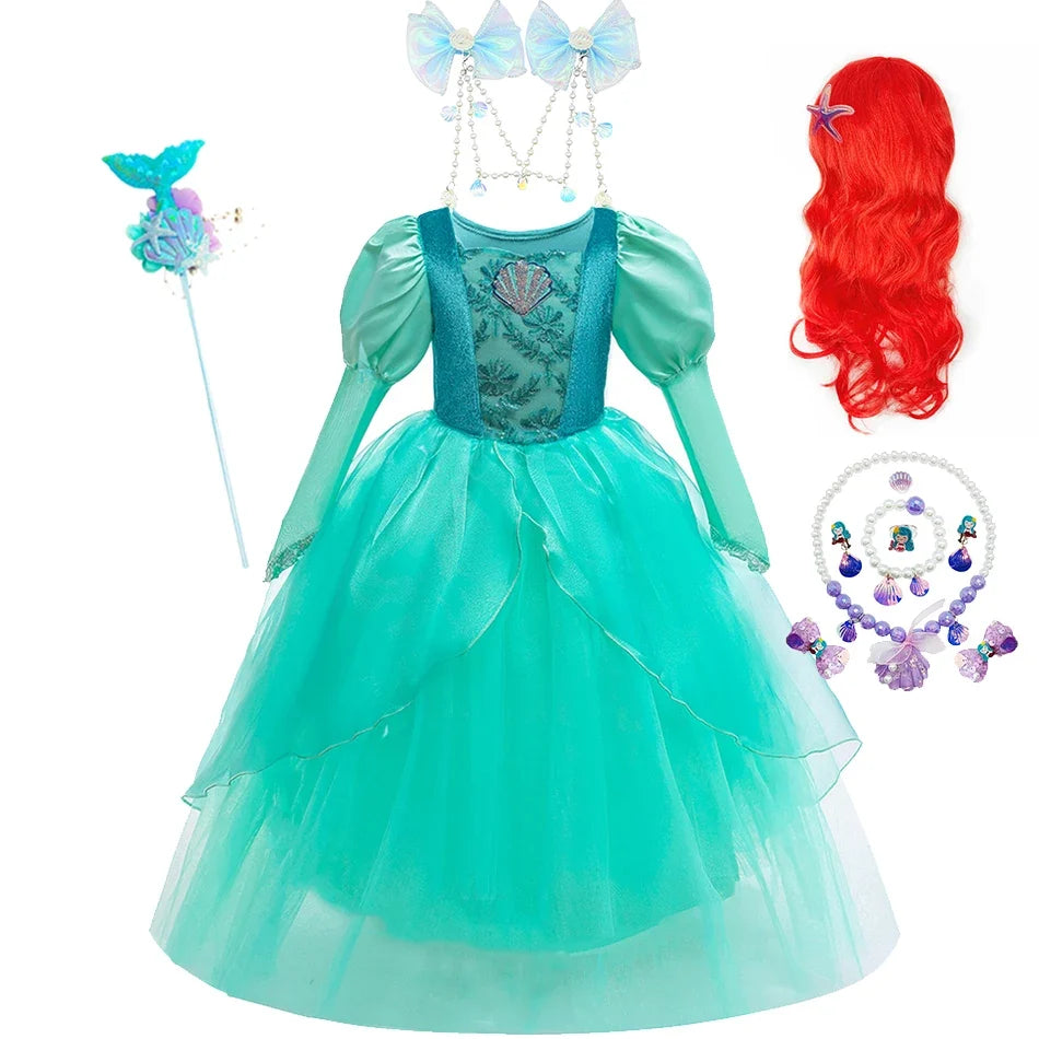 Girls Mermaid Dress Ariel Long Sleeves Cosplay Halloween Costume Kids Fluffy Tulle Shell Applique Frocks Elegant Gown