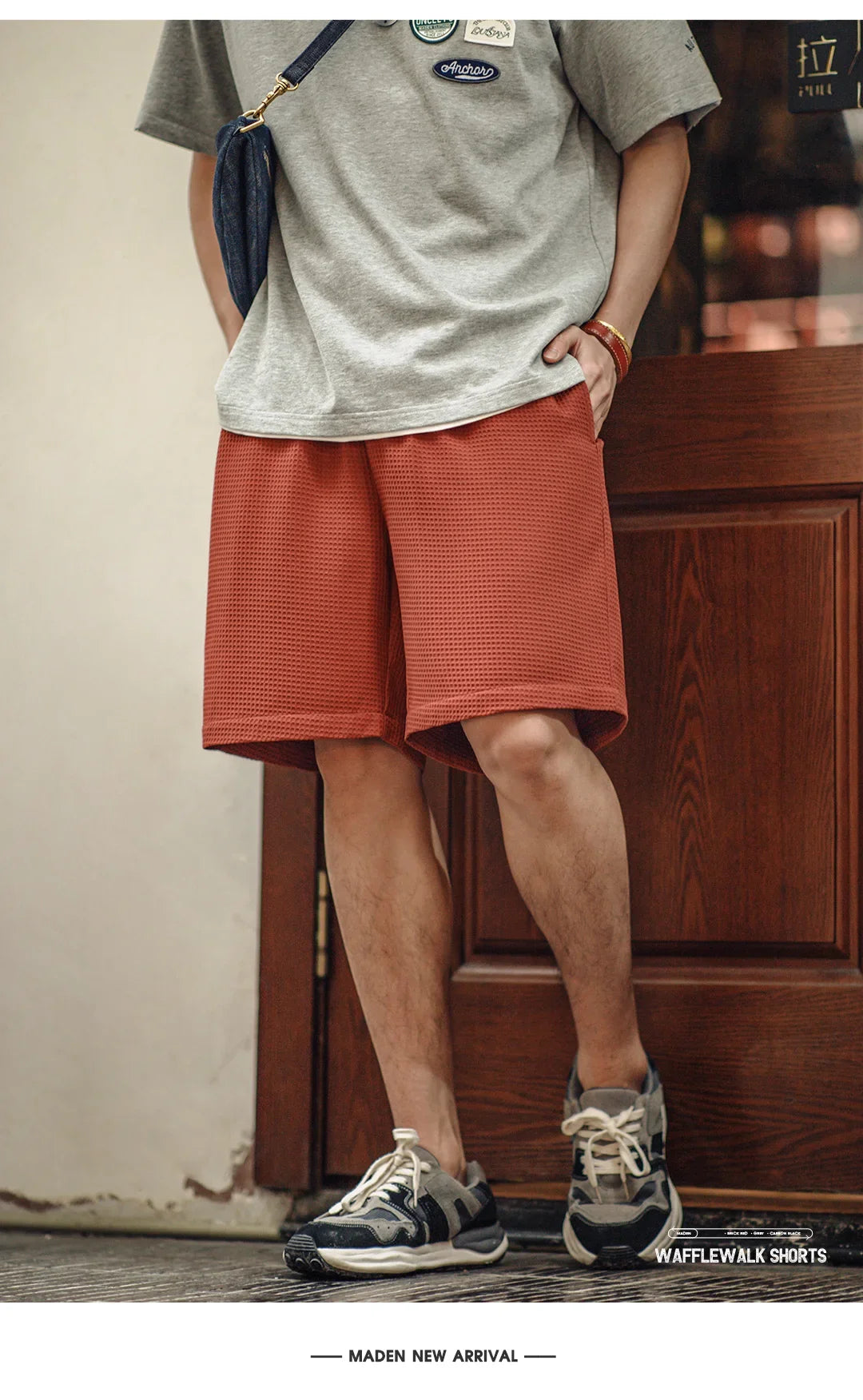Retro Profile Waffle Fabric Shorts Loose Straight Thin Breathable Elastic Waist Basketball Shorts for Men's Summer