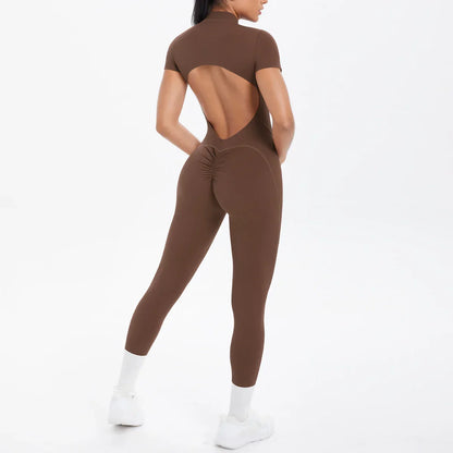 Short Sleeved Fitness Jumpsuit for Woman Bodysuits Backless Solid Color Scrunch One-Piece Suit Half Zipper Gym Yoga Sets Womens