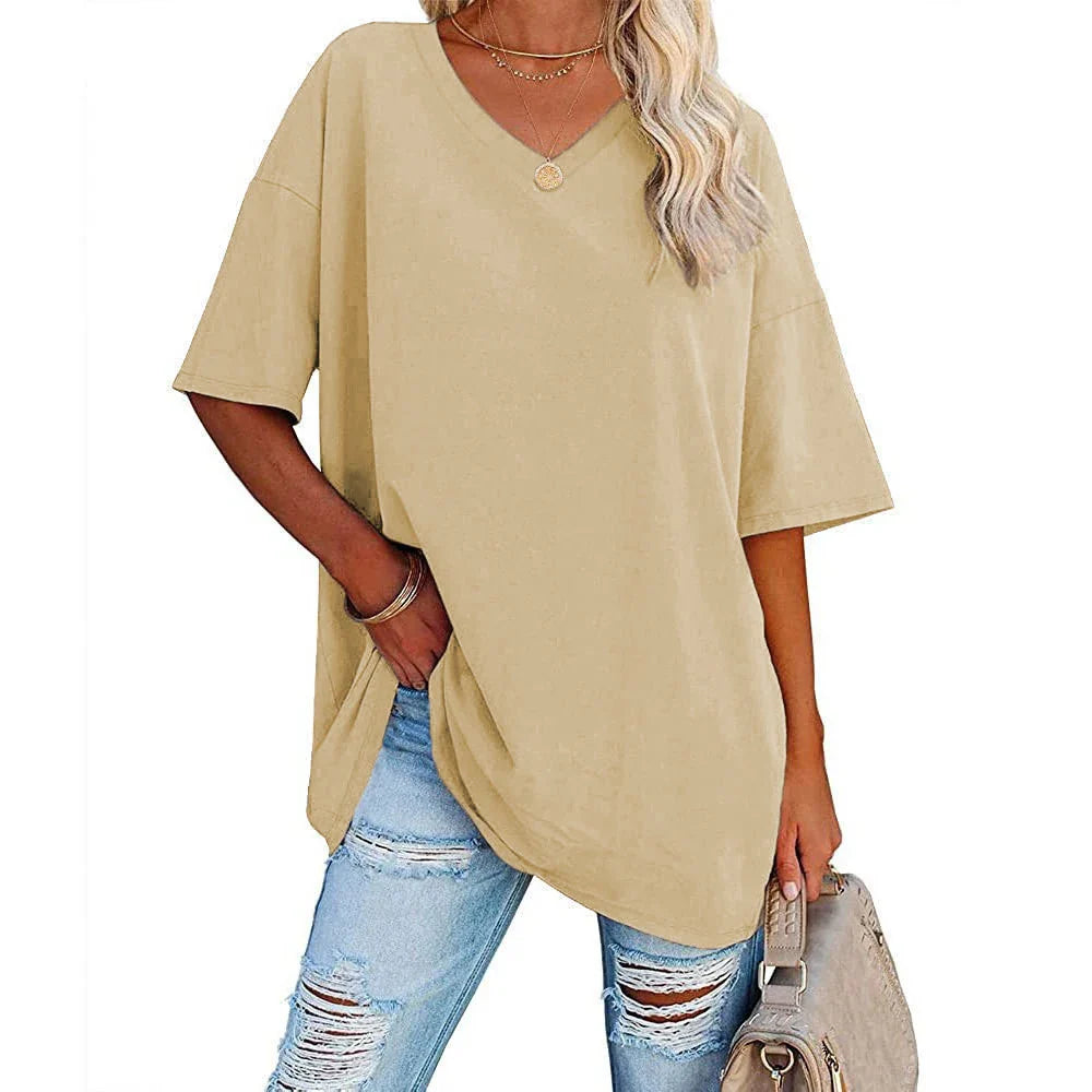 Women's Loose V-Neck Top Spring/Summer New Color Half Sleeve European American Style Clothing Amazon Foreign Trade