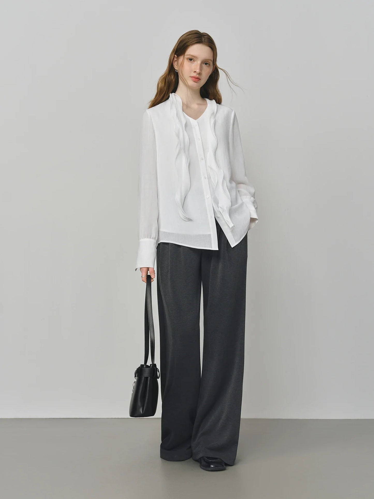 Autumn Elegant Blouse 2025 Asymmetric Flounce Shirt V-Neck Korean Style Chic Design Office Lady Women's Casual Shirt
