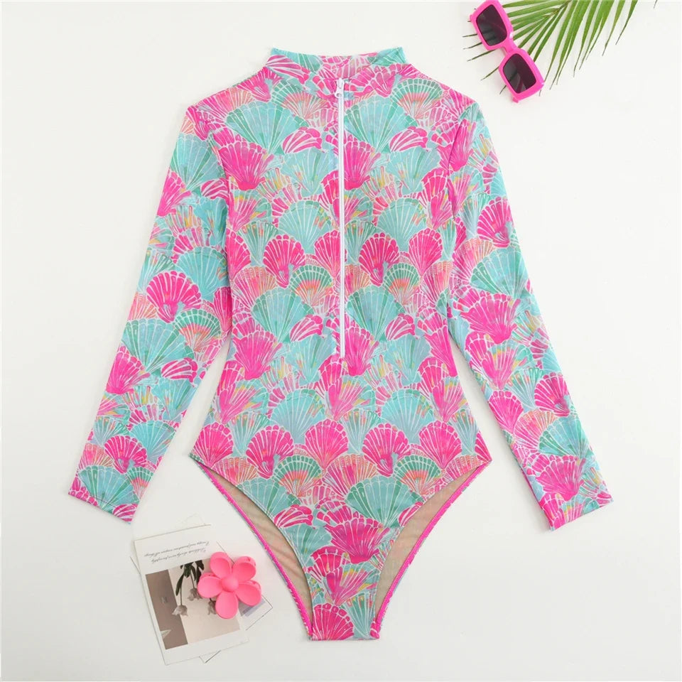 One Piece Sun Protection Swimwear 2026 Women Long Sleeved Print Swimsuit Female Sports Bathers Swimming Bodysuit Beach купальник