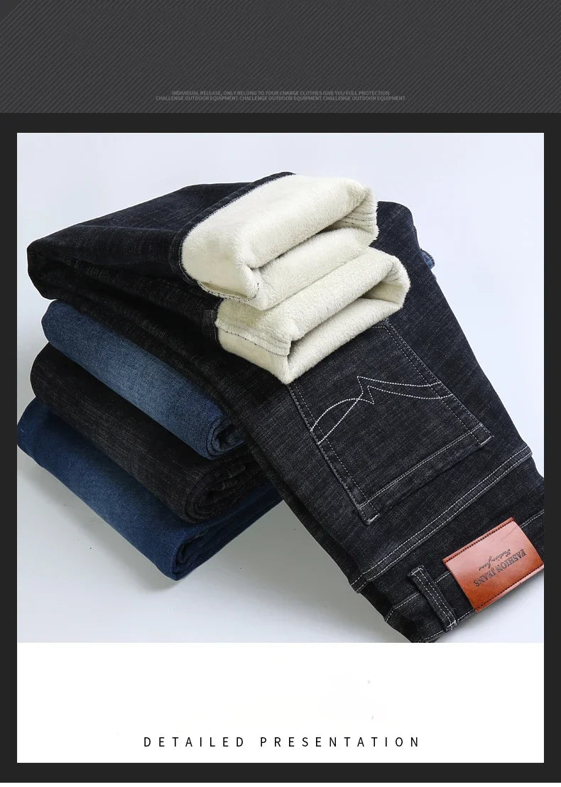 2024 New Men's Clothing Casual Jeans Winter New Fleece Pants Thick Warm Fashion Straight Fit Male Denim Trousers