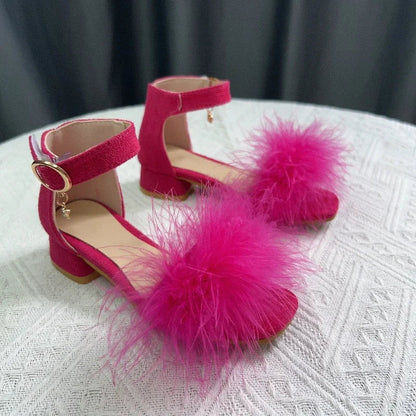 New Girls Low-heels Sandals Summer Fluffy Kids Princess Catwalk Shoes Open-toe Versatile Children Fashion Wedding Party Sandals