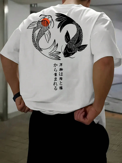 Japanese Koi Harajuku Illustration Pattern T-Shirt Men Summer Casual T Shirt Soft Fashion Short Sleeve Loose Cotton Sportswear