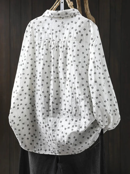 Sweet Snow Dots Print Shirt, Double Layers, Cotton Yarn, Peter Pan Collar, Long Sleeve, Casual Blouse Shirt