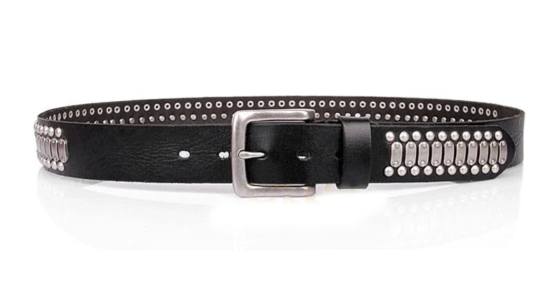 3.8CM Real Genuine Leather Belt Metal Pin Buckle Men Belt Male Wide Cowhide Hiphop Rock Rivet Belts for Men Ceinture Black