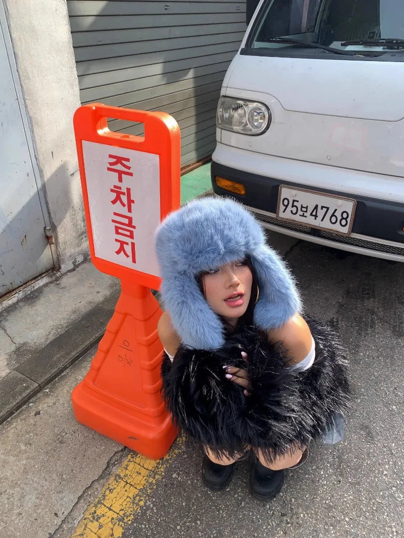 Korean Ins Imitation Mink Plush Hat Winter Women Ear Protection Bomber Hats Fashion Warm Fluffy Faux Fur Ski Beanies Y2k Gift