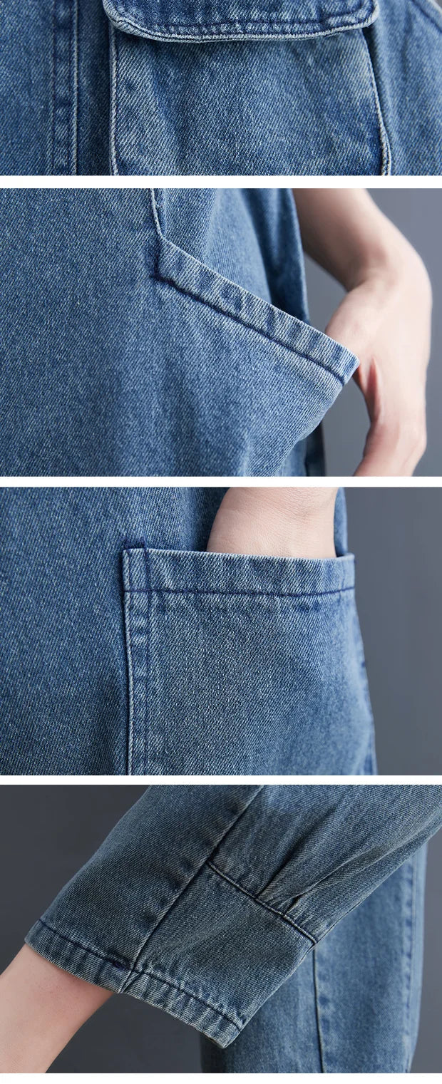 Loose Women's Denim Overalls Faionable Spring Summer High Waist Long Pants Thermal Properties Deep Color Korean Sle