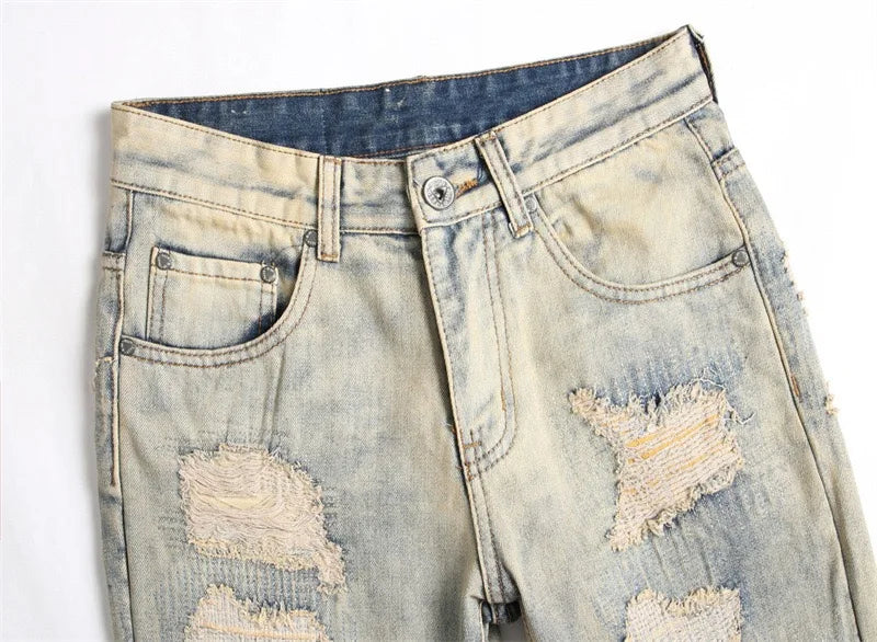 Summer Worn and Scratched Jeans Men's Small Feet Perforated Pockets Ragged Edges Long Pants Slim Fit Printing High Street Tide 2