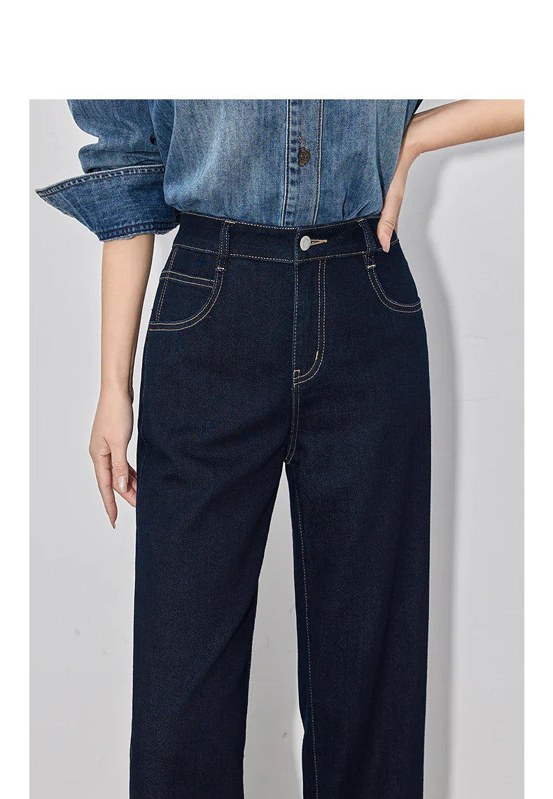 Women Denim Jeans 2025 Spring New Straight Wide Leg Rolling Up Ankle Length Cropped Pants