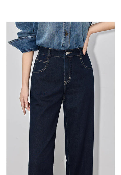 Women Denim Jeans 2025 Spring New Straight Wide Leg Rolling Up Ankle Length Cropped Pants