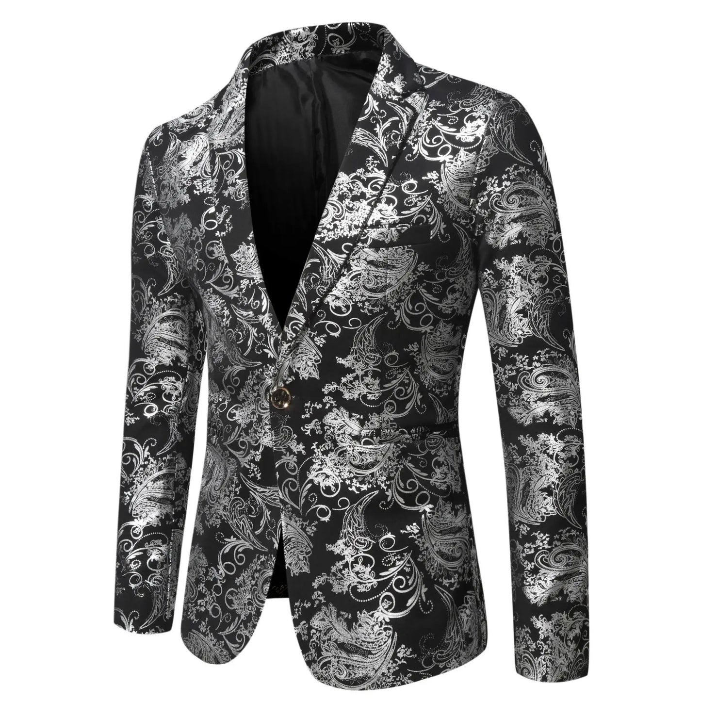 Men's Slim Fit Print Blazer Jacket 2025 Fashion Handsome Business Casual Silver Stage Show Suit Small Menswear