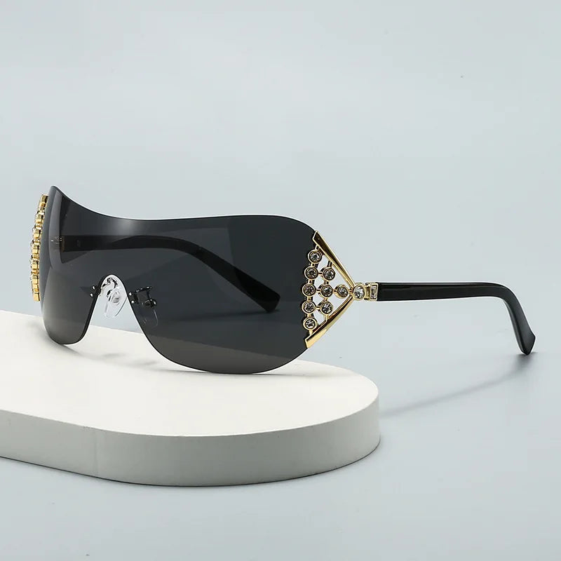 2025 New Ins Diamond Sunglasses Women One-piece Lenses Fan-shaped Sun Glasses Ladies Y2K Trendy Rimless Alloy Legs Punk UV400