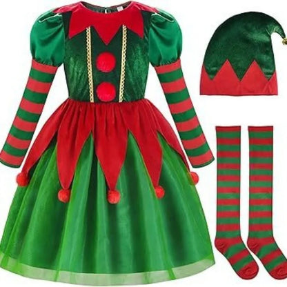 Boys Girls Elf Party Christmas Cosplay Costumes Elf Ear Role Play Set Xmas Hat Dress and Shoes Covers Stockings Kids Suit