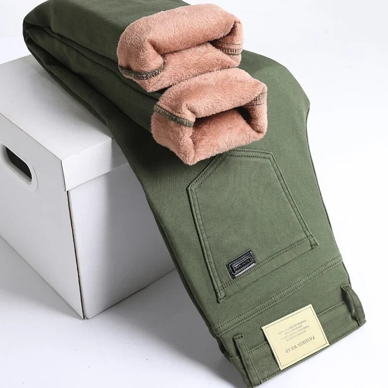 Winter New Cotton Fleece Jeans Men's Fit Straight Warm Plus Velvet Denim Pants Fashion Warm Soft Elasticity Casual Trousers