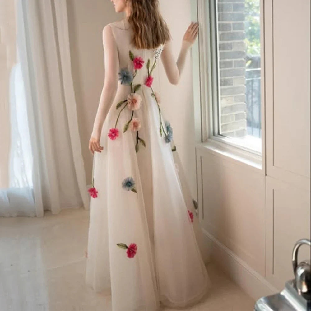 Dream Customized Flower Evening Dress O-Neck Long Sleeve Classic A-Line Floor Length Tulle Women Occasion Formal Gowns New