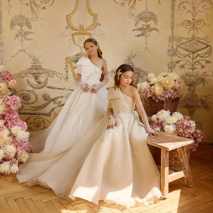 One Shoulder Flower Girl's Dresses for Wedding Luxury Beading Baby Girl Birthday Party Gowns Pageant Dress