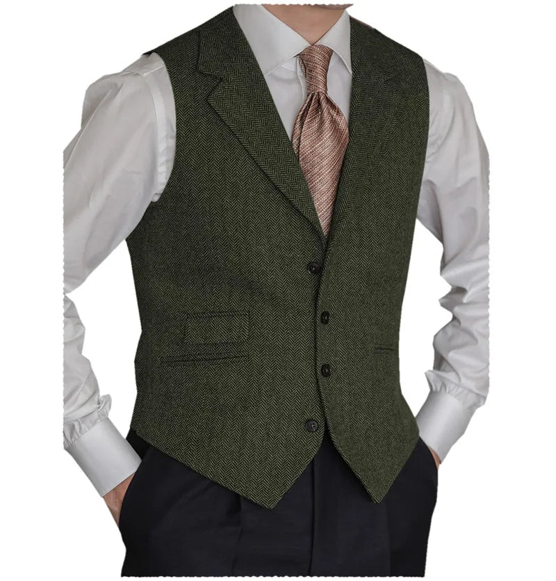 Men's Formal Suit Vests Slim Fit Males Tailored Collar Herringbone Tweed Casual Business Waistcoat Groomsman Vest For Wedding