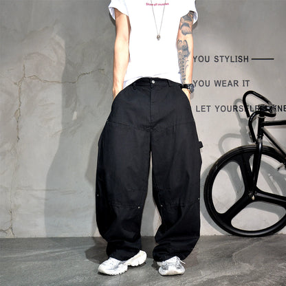 Mens Cargo Pants American Trendy Solid Black Cotton Heavyweight Wide Leg Loose Straight Streetwear Casual High Quality Pants