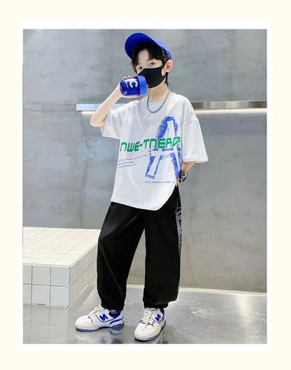 Summer Boys Cotton Loose Alphabet T-Shirt Tops+Sweatpant Workout Set School Kids 2PCS Tracksuit Children Jogger Outfits 5-16 Yr