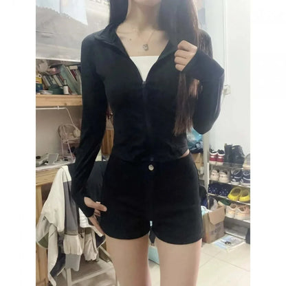Y2K Korean Style Women's Black High Waisted Denim Shorts New A-Line Wide Leg Slim Fit Casual Summer Streetwear Trendy Hot Pants