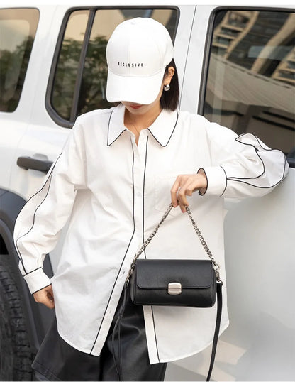 Supple Genuine Leather Women's Barrel Crossbody Bag - Commuter-Friendly Small Chain Strap Shoulder Bag for Everyday Chic