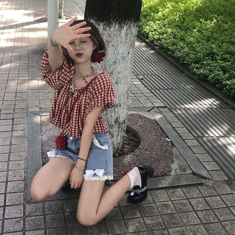 Kawaii Bow Denim Shorts Women Japanese Lace Patchwork Baggy Jean Shorts Summer Y2K Harajuku High Waist Wide Leg Short Pants New