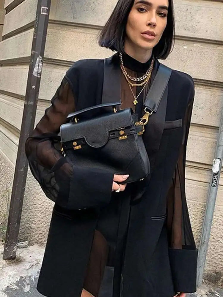 Fashion Women's Blazer Fake 2 Pcs O-neck Splicing Translucent Gauze Long Sleleve Suit Jackets Autumn 2025 New Tide 17A2746