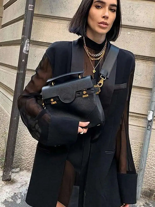 Fashion Women's Blazer Fake 2 Pcs O-neck Splicing Translucent Gauze Long Sleleve Suit Jackets Autumn 2025 New Tide 17A2746
