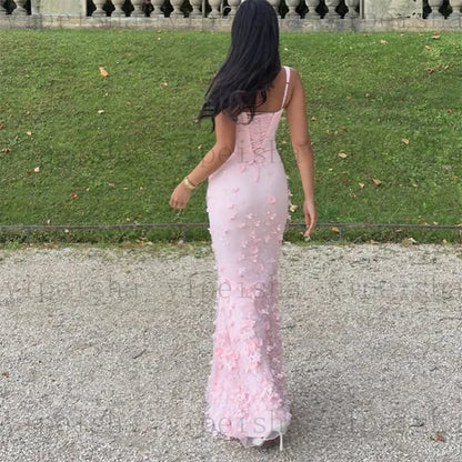 Customized square collar mermaid Evening Dresses spaghetti strap Party Dress 3D Flowers Sequined Lace Appliques Long Prom Gown