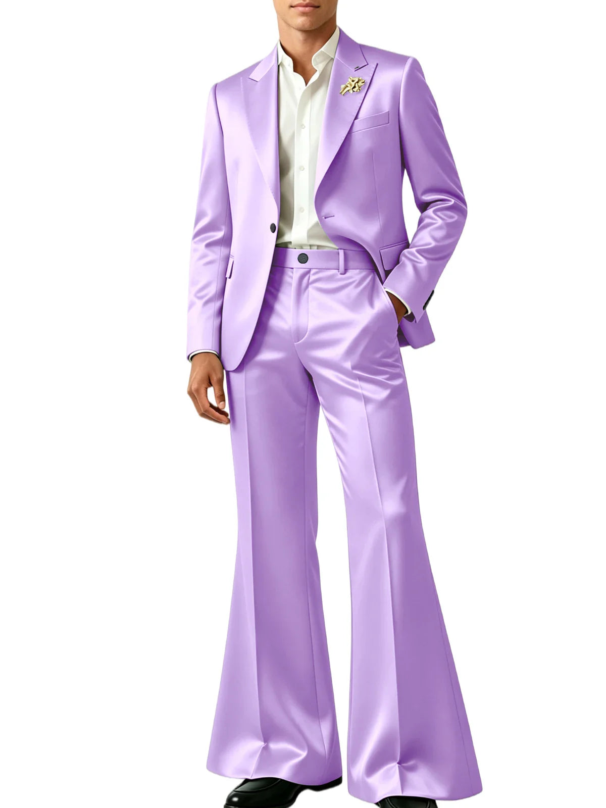 Luxury Men's Shiny Satin Suit 2 Piece Notch Lapel 1 button Jacket Wide Leg Flared Pants Wedding Groom Tuxedo Formal Party