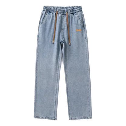 Men Dark Blue Blue Stretch Elastic Waist Denim Pants Streetwear Loose Full Length Trousers Straight Wide Leg Drawstring Jeans