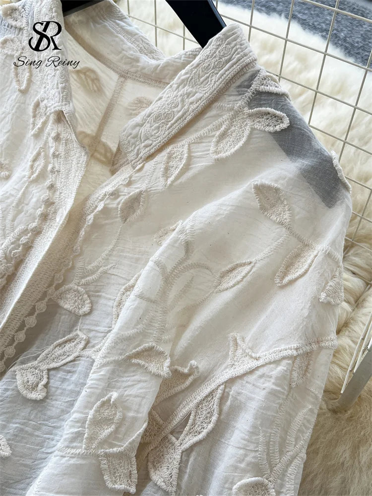 2025 Spring Gentle Women Blouse Leaves Embroidery Single Breasted Long Sleeves Summer Thin Streetwear Casual Shirt