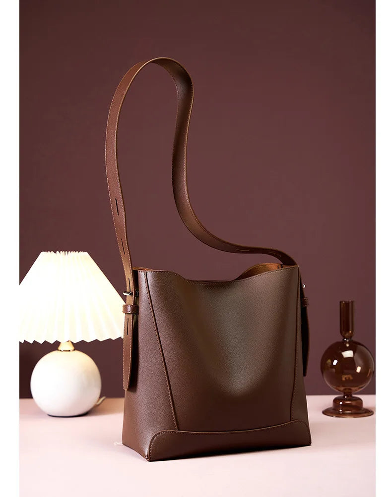 Ladies' Split Leather Bucket Shoulder Bags Female Commute Shopping Messenger Bags Adjustable Shoulder Strap Women Casual Handbag