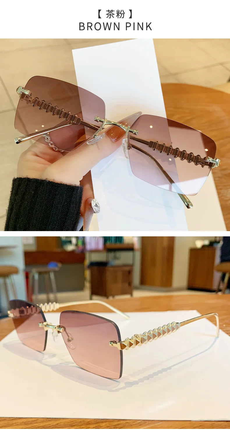 2025 Ins New Square Rimless Sunglasses Women Men Fashion Metal Rivet Legs Sun Glasses Ladies Luxury Sunshade Gafas De Sol UV400