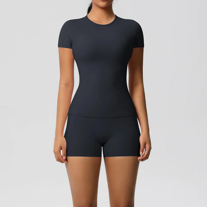 Workout Sportswear 2Pcs Piece Female Yoga Shirt Push Up Workout Clothes Women Outdoors Sport  High Waist  Fitness Sport Shorts