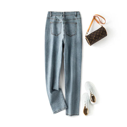 Plus Size Women Jeans Autumn Dark Blue 175cm Tall Stretchy and Loose Washing Straight 6XL 100Kgs Curve Lady Thin Lady Denim Pant