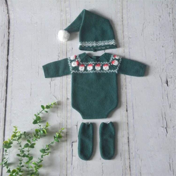 Christmas Baby Clothing Newborn Boy Girl Photography Santa Claus Costumes Sets Green Knitted Romper Stockings Hat 3pcs for Xmas