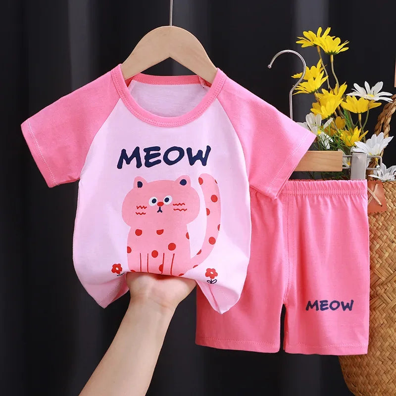 Cotton Short Sleeve T-shirts and Shorts 2PCS Breathable Outfit For Girls New Boys Summer Clothing Set Full Bear Print