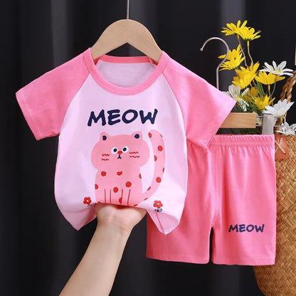 Cotton Short Sleeve T-shirts and Shorts 2PCS Breathable Outfit For Girls New Boys Summer Clothing Set Full Bear Print